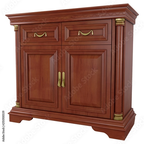 Konstfotografi Sideboard Cabinet - Classic wooden sideboard cabinet with two doors and drawers, isolated on a white background
