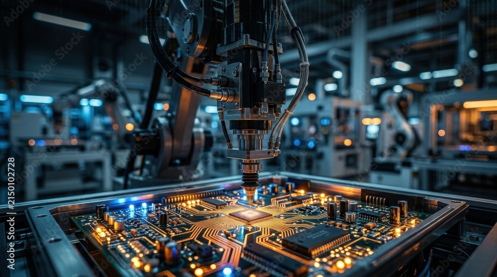 Fototapeta premium Robotic Arm Assembling Precision Electronics Circuit Board in Automated Factory
