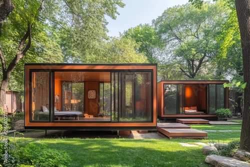 Selective focus ready-to-install modular units stored outdoors in yard