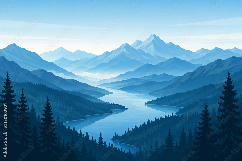 Fototapeta premium Serene Blue Mountain Landscape with Pine Forest and Winding Lake at Dawn