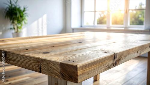 Empty rustic wooden table surface in bright room with large window background for product display