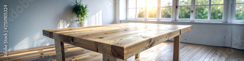 Empty rustic wooden table surface in bright room with large window background for product display 4：1