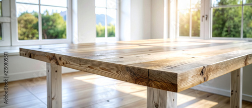 Empty rustic wooden table surface in bright room with large window background for product display 16：9