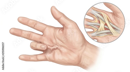 Illustration of Dupuytren's contracture affecting the hand and showing underlying tissue