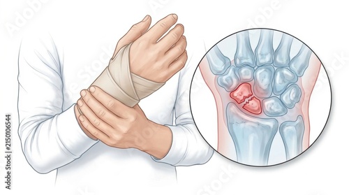 Illustration of a fractured wrist bone with bandage and anatomical detail