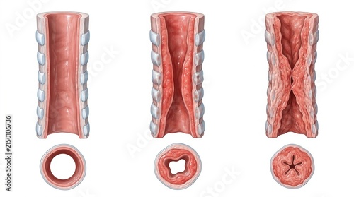 Illustration showing progression of esophageal stricture and narrowing of the lumen
