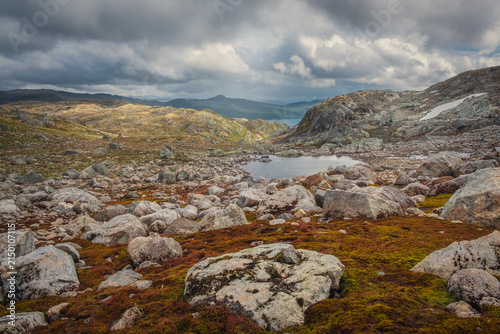 Dramatic landscape view of mountain wilderness near Tyinholmen lake, Jotunheimen, Norway