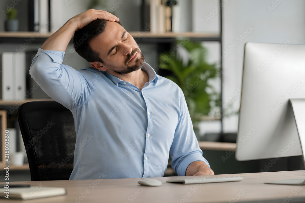 Obraz premium Neck muscle strain and stiffness during stretching at work