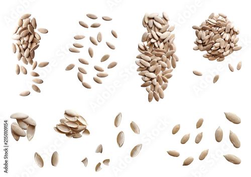 Cuadro en lienzo Melon (cantaloupe) seeds collection with whole dried seeds, piles, scattered seeds, empty hulls, and peeled kernels isolated on transparent background (PNG)