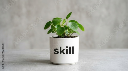 A small green plant growing in a white ceramic pot with the word skill printed on the front side