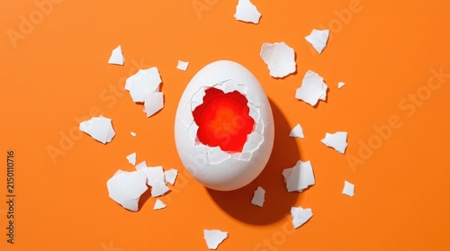 A single white egg with a cracked top revealing a bright red yolk on a solid orange background