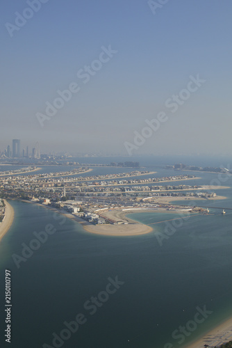 Photography Aerial view of Palm Jumeirah islands and Dubai marina skyline