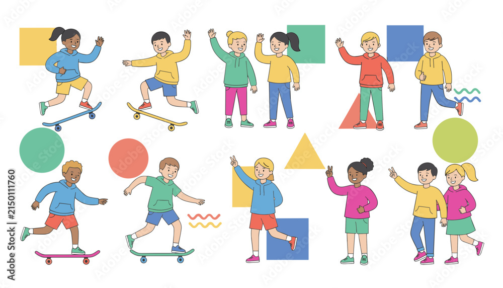 Fototapeta premium Happy group of energetic children skateboarding, greeting each other, and walking together in casual outfits.
