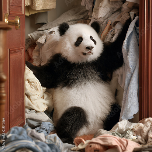 Cute panda sitting in a messy room surrounded by piles of clothes