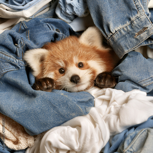 Cute red panda hiding in a pile of denim clothes