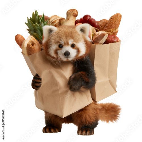 Cute red panda holding a grocery bag filled with fresh food isolated on white background
