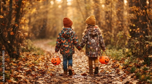 Two young children holding hands walking through an autumn forest with pumpkin buckets