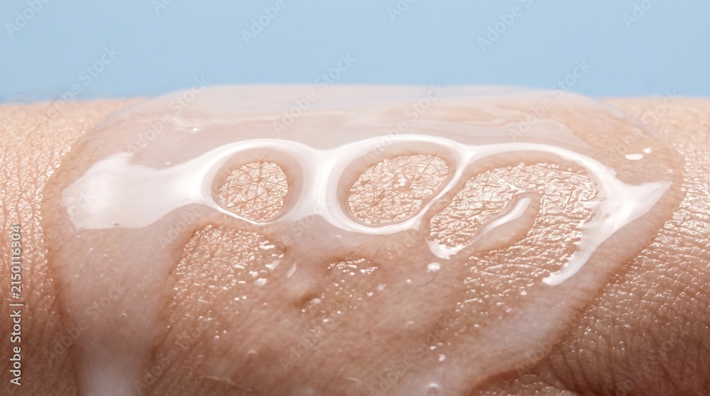 Fototapeta premium Clear hydrating gel or cosmetic serum with bubbles spread on human skin surface.
