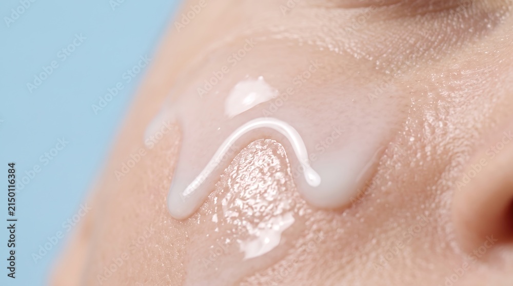 Fototapeta premium Macro close up of thick milky white serum lotion dripping on human face skin