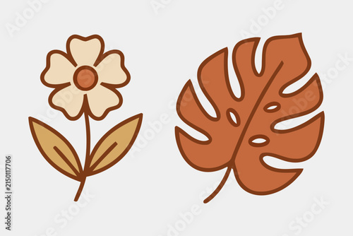 Boho style flower and monstera leaf illustration set in warm earth tones for design