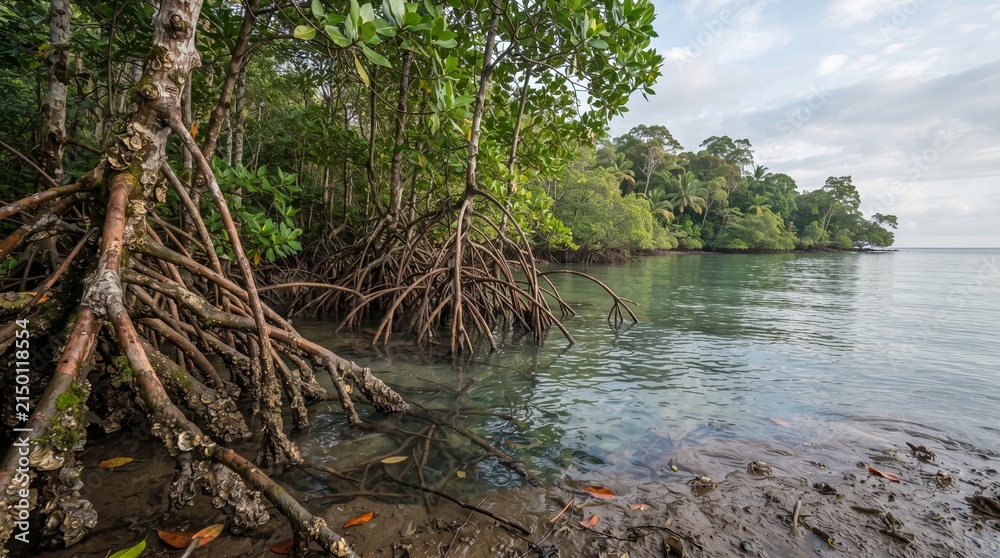 Obraz premium Mangrove forest with tangled prop roots at the ocean edge, tropical coastal ecosystem, lush green trees by calm sea water