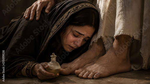 A woman weeping and anointing the feet of jesus with oil in a humble act of devotion and repentance, historical biblical scene
