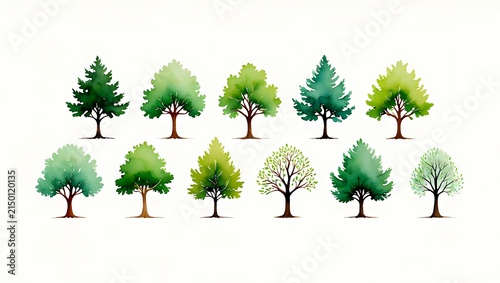 Collection of watercolor style green tree illustrations isolated on white background