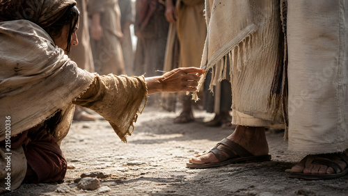 A woman reaching out to touch the hem of jesus robe in a dusty ancient street, cinematic biblical scene