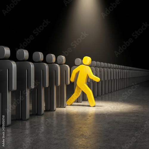 Unique yellow figure stepping out of a crowd of gray figures symbolizing individuality