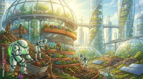 Futuristic solarpunk city with robots and greenhouses