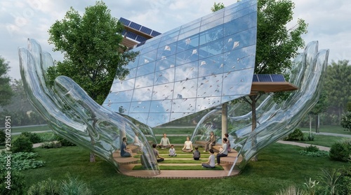 Futuristic glass solar pavilion in a public park.