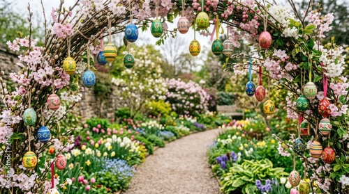 Enchanting Easter Garden Archway Decorated with Colorful Eggs and Spring Blooms.