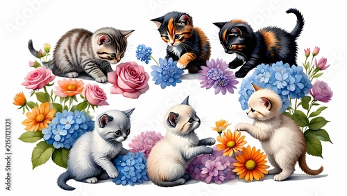 Group of cute kittens playing among colorful spring flower bouquet isolated on white background