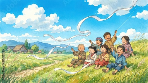 Children playing with ribbons in sunny countryside meadow.