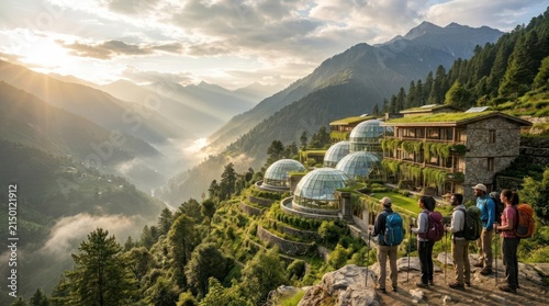 Hikers observing futuristic dome houses in misty green mountains.