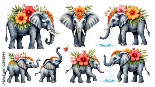 Collection of watercolor elephants adorned with vibrant tropical flower arrangements