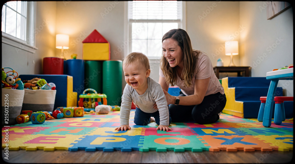 Fototapeta premium Child mother playroom foam mat toy crawling happy family home learning, laughing toddler crawling on colorful puzzle floor with smiling parent in bright indoor play area