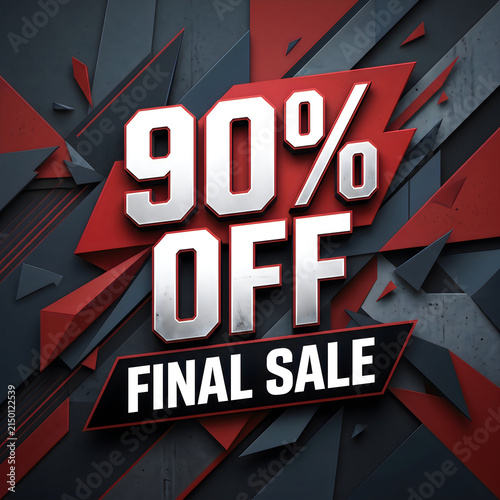 Bold 90 percent off final sale discount text on dark red background