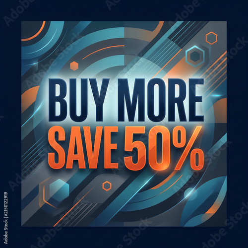 Retro space-themed buy more save fifty percent promotional poster