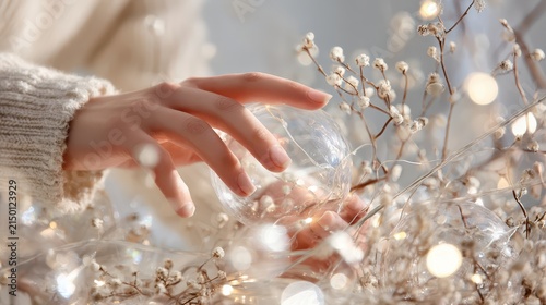 Delicate female hand touching a glowing glass ornament with dried flowers and bokeh fairy lights in soft focus