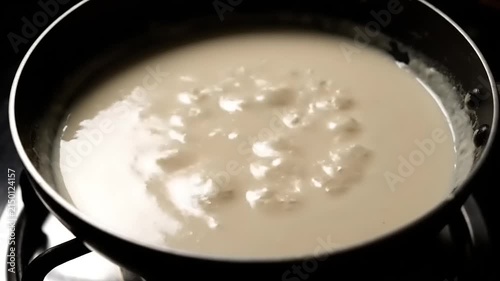 Cooking creamy white sauce in a black pan on a stove.