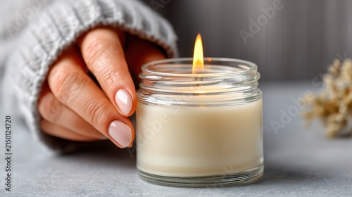 Woman hand reaching towards lighted scented candle in glass jar for relaxing home atmosphere