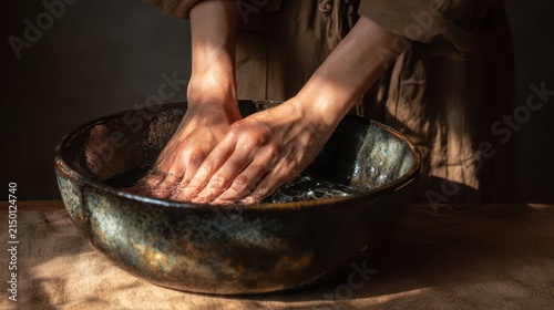 Person washing hands in rustic ceramic bowl with morning sunlight close up of hands soaking in rustic pottery bowl under soft morning light