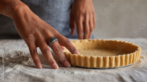 Close up of person hands preparing raw pastry dough for homemade tart crust on flour dusted kitchen table surface for baking dessert