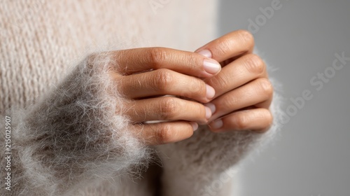 Close up of human hands with natural nails wearing fluffy knitted sweater fabric texture