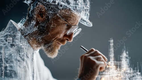 Engineer designing industrial infrastructure with holographic projection visualization tools