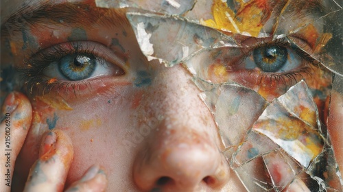Macro portrait of young person with blue eyes and painted face reflected in shattered glass fragments