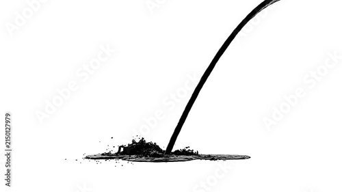 Black petrol pouring and splashing on floor, against white