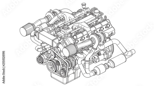 Detailed vector line art of a powerful modern internal combustion engine mechanism