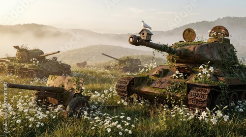 Abandoned military tanks covered in flowers in meadow.